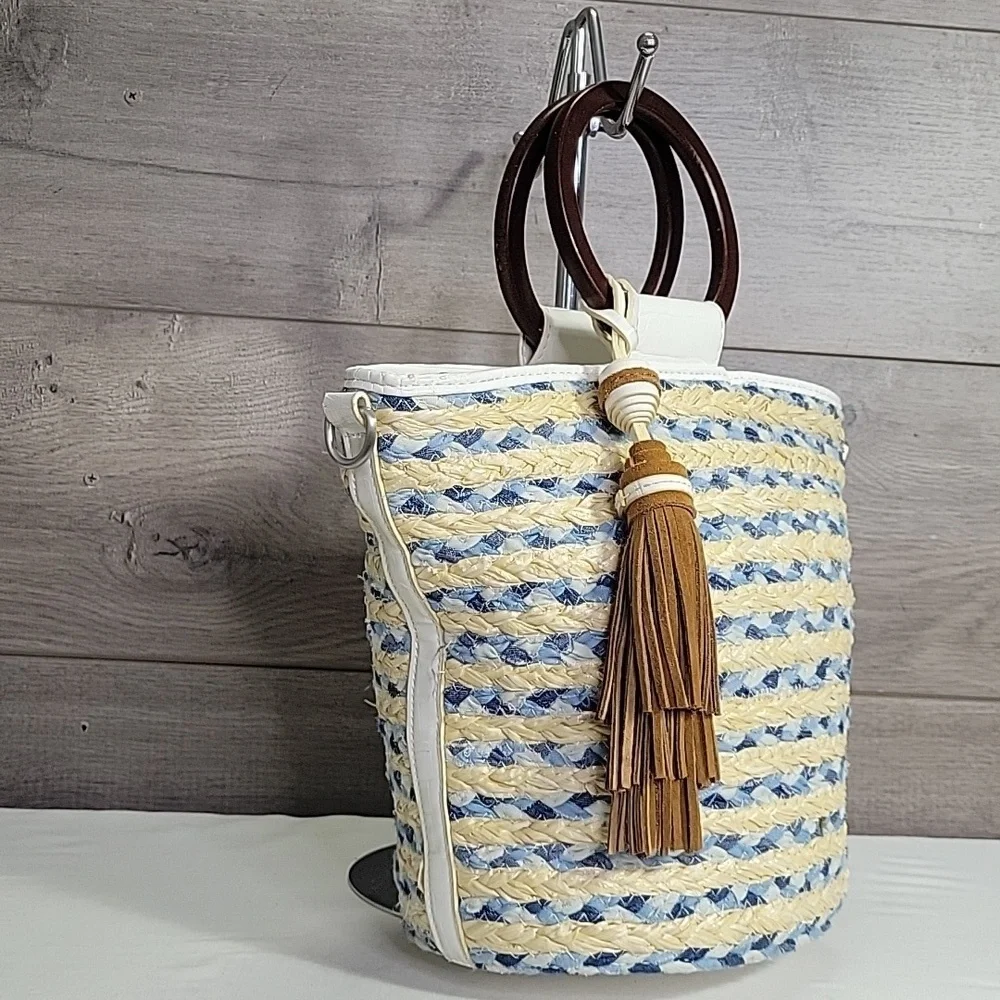 Sam Edelman Straw/Leather Bucket Tote Handbag